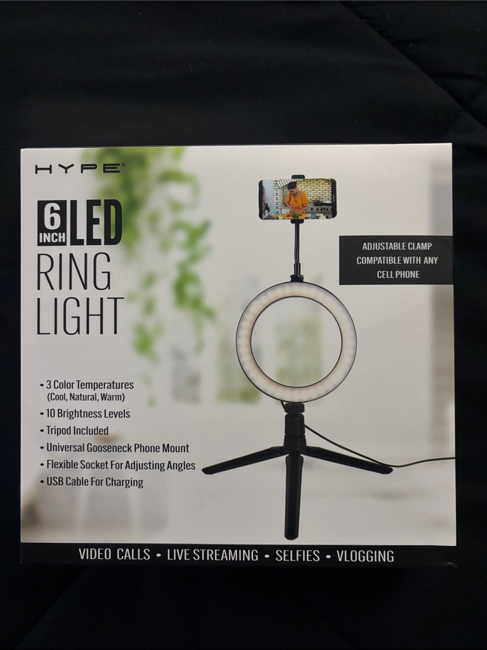 Hype 6-Inch LED Ring Light with Black Tripod and Phone Mount